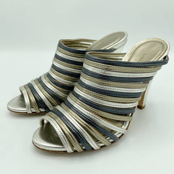 Loeffler Randall Sandals Womens 5.5 Silver Multi Metallic  Rue Mule Strappy Heel - Picture 1 of 14